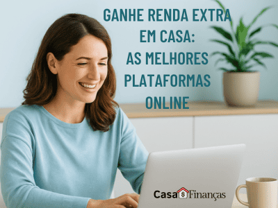 Mulher sorridente usando notebook em ambiente doméstico, com texto “Ganhe renda extra em casa: as melhores plataformas para trabalhar em casa” ao fundo.