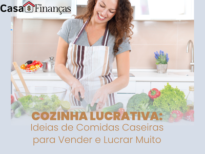 Mulher sorridente cortando legumes em cozinha moderna, representando o preparo de comidas caseiras para vender e transformar em renda lucrativa.