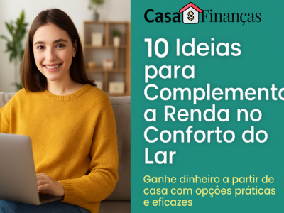 Mulher sorridente trabalhando em casa com notebook, caderno e caneca sobre a mesa, representando ideias para complementar a renda no conforto do lar, com o logotipo do site Casa e Finanças no canto inferior.