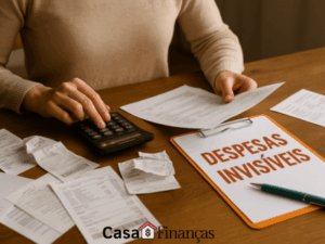 Pessoa analisando contas e faturas sobre a mesa, destacando as pequenas despesas domésticas invisíveis que afetam o orçamento familiar.