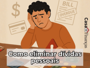 Homem preocupado com boletos e dívidas, simbolizando como eliminar dívidas pessoais e recuperar o controle financeiro.