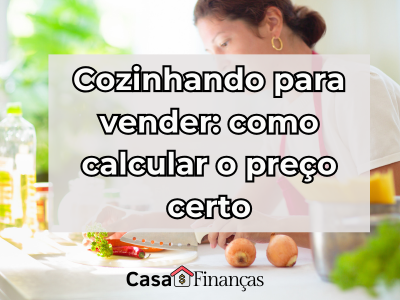 Mulher com avental anotando em caderno e usando calculadora ao lado de prato com legumes, simbolizando como calcular o preço certo cozinhando para vender.