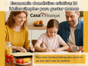 Família reunida na cozinha praticando economia doméstica criativa, cozinhando juntos e desenhando à mesa, simbolizando união, criatividade e controle financeiro.