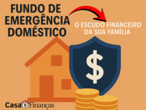 Ilustração de uma casa com um escudo azul e moedas douradas ao lado, representando o fundo de emergência doméstico como proteção financeira da família.