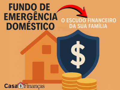 Ilustração de uma casa com um escudo azul e moedas douradas ao lado, representando o fundo de emergência doméstico como proteção financeira da família.
