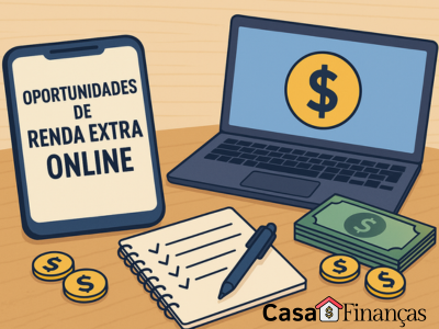 Ilustração com celular, laptop, checklist, moedas e dinheiro simbolizando oportunidades de renda extra online e formas de ganhar dinheiro pela internet.