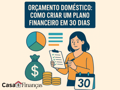 Orçamento Doméstico - Como Criar um Plano Financeiro. Mulher organizando planilhas e contas em casa, simbolizando o orçamento doméstico e o plano financeiro em 30 dias.