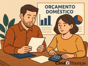 Casal sentado à mesa analisando o orçamento doméstico com papéis e calculadora, representando planejamento financeiro familiar e tranquilidade no lar.