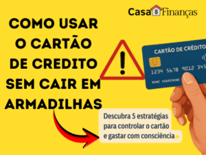 Mão segurando um cartão de crédito azul ao lado de um ícone de alerta, representando o uso inteligente do crédito e o cuidado para evitar armadilhas financeiras.