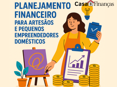 Artesã trabalhando com planilhas e moedas, simbolizando o planejamento financeiro para empreendedores domésticos e o controle das finanças criativas.