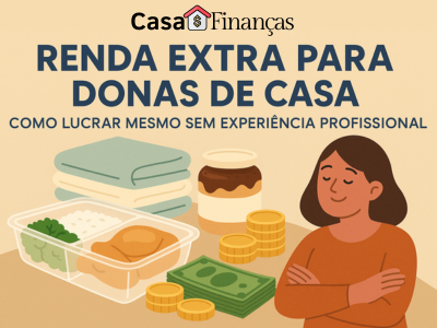 Renda extra para donas de casa - Ilustração de uma dona de casa ao lado de marmitas, toalhas, doces e dinheiro, simbolizando renda extra para donas de casa sem experiência profissional.