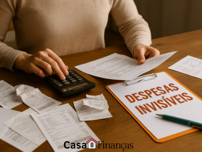 Pessoa analisando contas e faturas sobre a mesa, destacando as pequenas despesas domésticas invisíveis que afetam o orçamento familiar.
