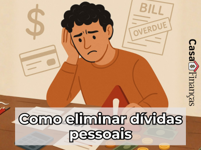 Homem preocupado com boletos e dívidas, simbolizando como eliminar dívidas pessoais e recuperar o controle financeiro.