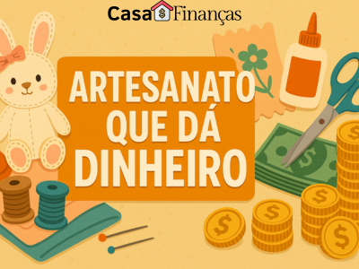 Ilustração com materiais de artesanato e moedas simbolizando artesanato para renda extra e venda de trabalhos manuais que geram lucro.