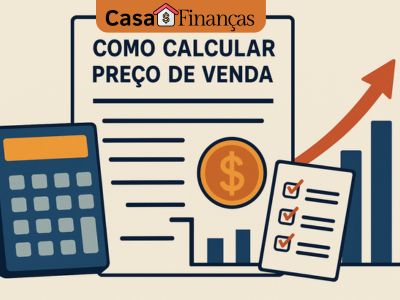 Como calcular preço de venda - Ilustração mostrando calculadora, gráficos e checklist explicando como calcular preço de venda e formar o preço ideal.
