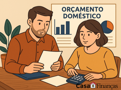 Casal sentado à mesa analisando o orçamento doméstico com papéis e calculadora, representando planejamento financeiro familiar e tranquilidade no lar.