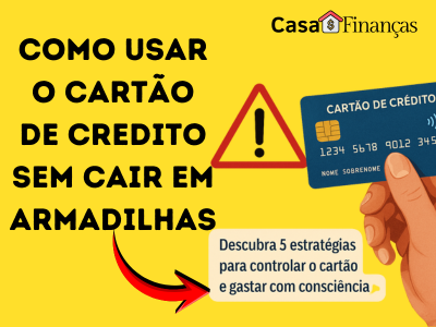 Mão segurando um cartão de crédito azul ao lado de um ícone de alerta, representando o uso inteligente do crédito e o cuidado para evitar armadilhas financeiras.