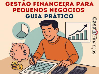 Gestão financeira para pequenos negócios - Ilustração de gestão financeira para pequenos negócios com empreendedor analisando planilha, cofrinho rosa, moedas e gráfico de crescimento.