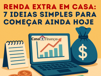 Renda extra em casa - Ilustração com laptop, dinheiro e bloco de notas simbolizando renda extra em casa e oportunidades para ganhar dinheiro trabalhando de casa.