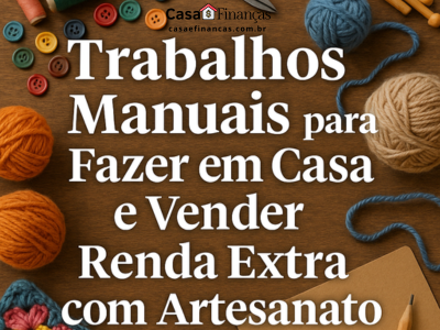 Materiais de artesanato sobre mesa de madeira, como linhas, botões, agulhas, tesoura e crochê, com o título "Trabalhos Manuais para Fazer em Casa e Vender: Renda Extra com Artesanato".